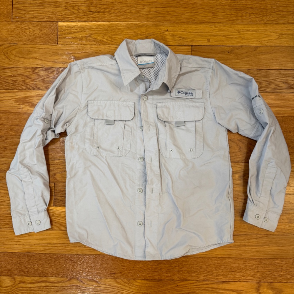 Columbia Boys PFG Bahama II Long Sleeve Shirt Light Gray - Kids Size Small (8)